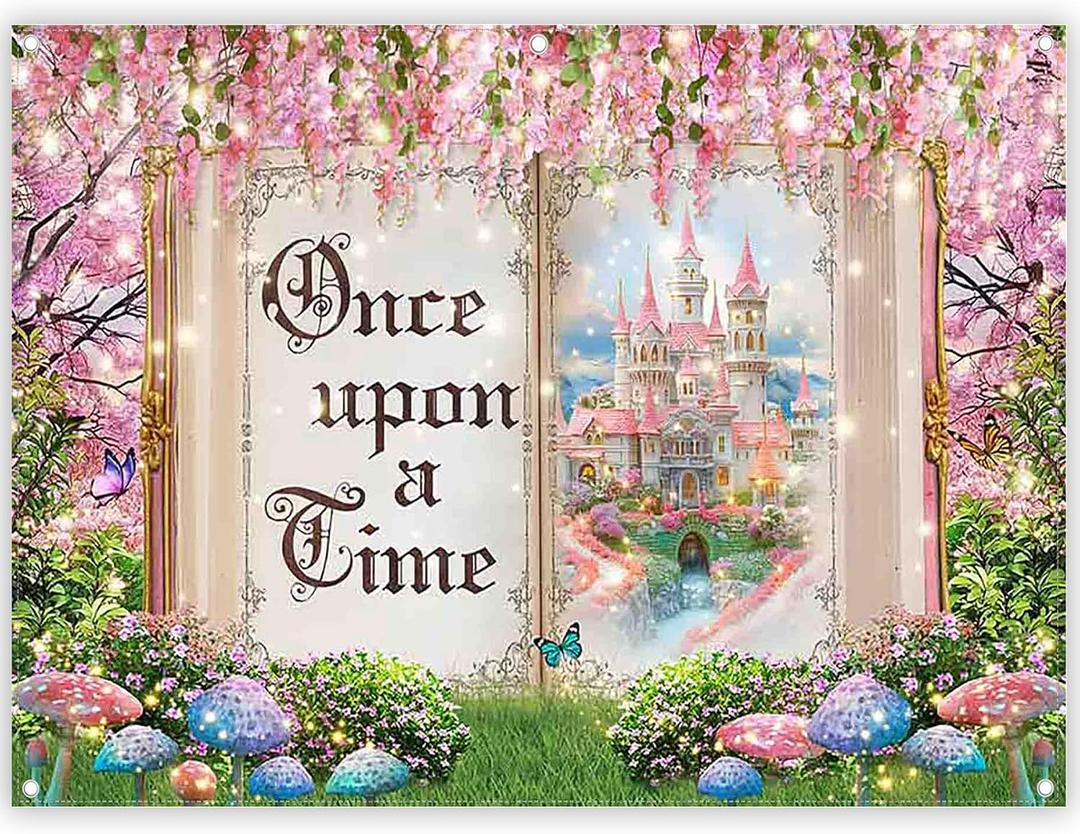 Fabric 8x6ft Fairy Tale Books Photography Backdrop Spring Princess Castle Pink Floral Magic Background Girls Party Decoration Wedding Photo Banner Props