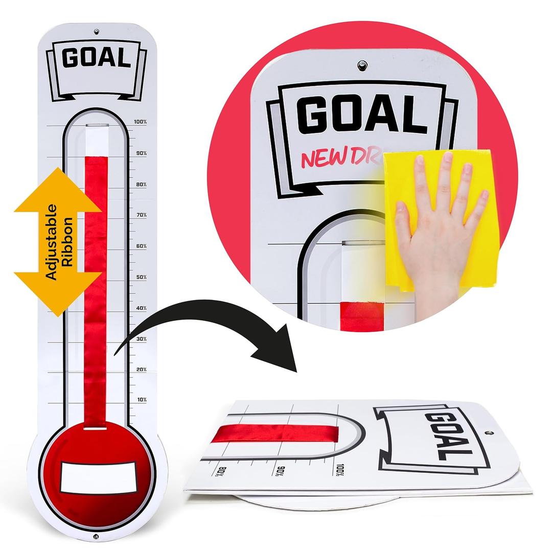Fundraising Thermometer Chart Goal Tracker | Dry Erase Goal Setting Wall Mounted Thermometer | Giant Sales Goal Board with Pull-Through Ribbon Progress Tracker (46 x 12) by ORCA