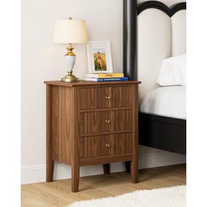 Night Stand, Fluted Nightstand Bedside Tall Farmhouse Nightstand with 3 Drawers, Mid Century Modern Side Accent Table,Bedside End Table for Bedroom, Living Room, Walnut