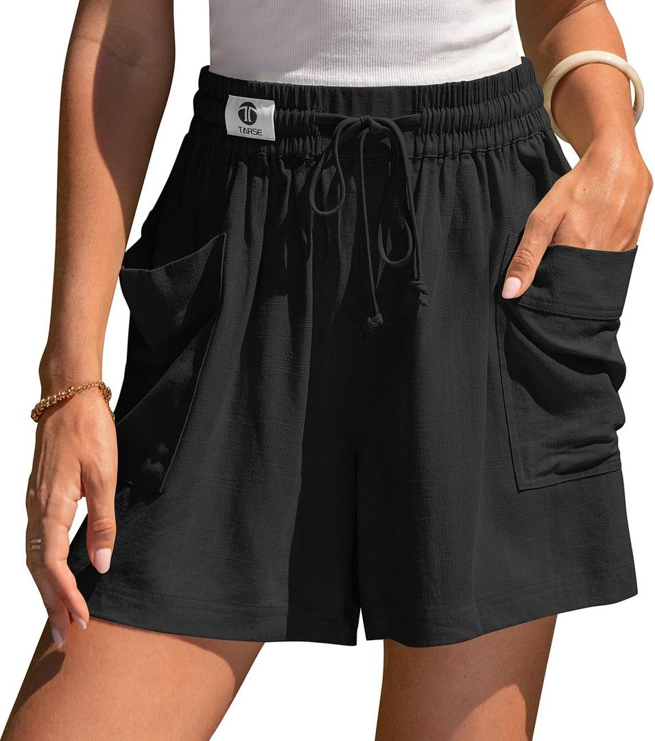 TARSE Womens Linen Shorts Elastic Waist Wide Leg Drawstring Casual Lounge Comfy 2026 Summer Beach Shorts with Pockets (Black, L)