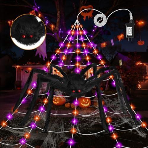 Halloween Spider Web Lights Decoration: 250 LED 16.4Ft Giant Light Up Spider Web Outdoor with 8 Lighting Modes, 5FT Large Spider, Stretch Cobweb for Yard Garden Haunted House Lighted Decor