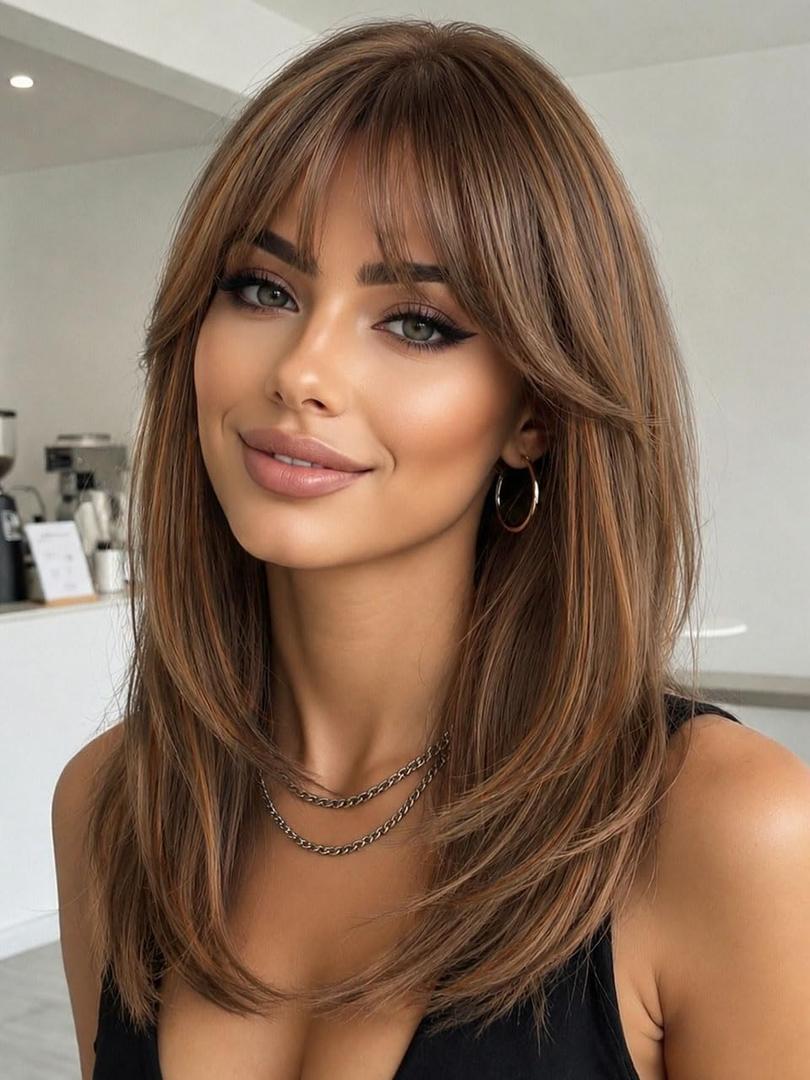 AISI HAIR Beginner Friendly Brown Wig with Bangs for Women Daily Party
Chestnut Brown with Caramel Highlights,Face Framing,Quick to Wear,Soft Fiber,Soft All Day,Adjustable Fit,Medium Length