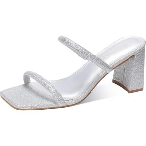 Women's Square Open Toe Heeled Sandals Two Strap Mules Slip On Block Chunky Mid Heels Sandals (Silver)