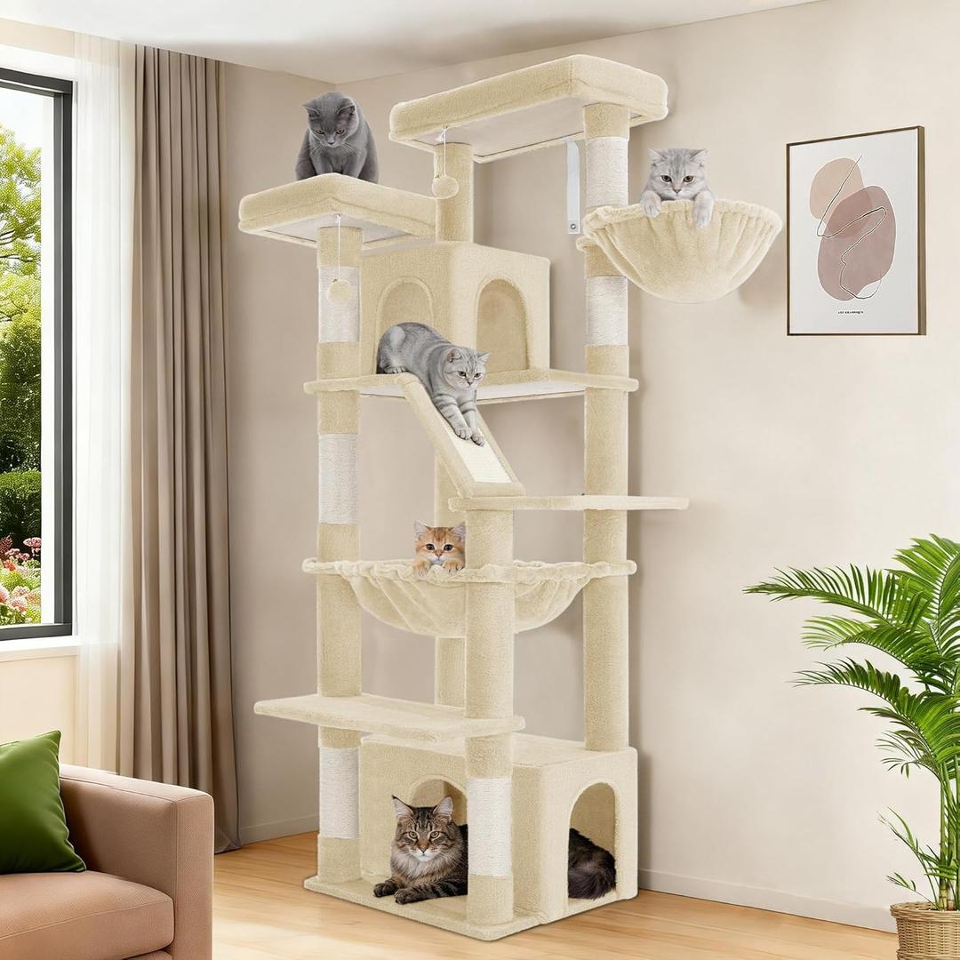 Hzuaneri Large Cat Tree, 72 Inch Tall Indoor Cat Tower for 6 Large Cats, Corner Climbing Activity Pet Condo with 2 Large Platforms/2 Cats House/6 Scratching Post/1 Hanging Basket, Beige MS18318YG
