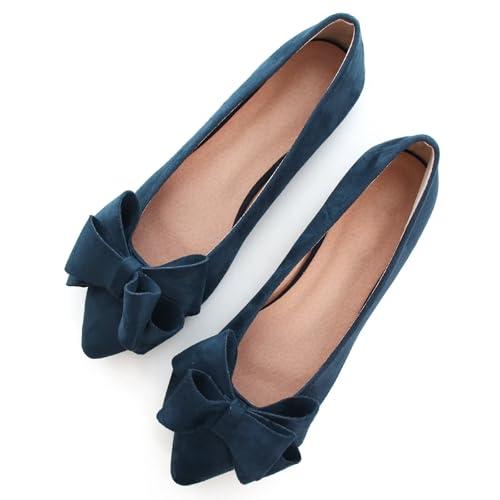 SAILING LU Bow-Knot Ballet Flats Womens Pointy Toe Flat Shoes Suede Dress Shoes Wear to Work Slip On Moccasins Navy Size 7.5