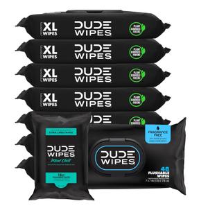 DUDE Wipes - Flushable Wipes - Unscented 6 Pack + Mint Travel Pack, 402 Wipes - Extra Large Dispenser Wet Wipes with Vitamin E & Aloe For Men - Septic and Sewer Safe