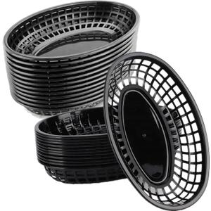 50 Pack Oval Fast Food Baskets, Reusable Black Bread Basket, Plastic Deli Chip Baskets, 8.9"L x 5.3"W Food Service Tray Holder for Burgers, Fries, Snacks, Sandwiches, Burgers, Nachos, Picnic