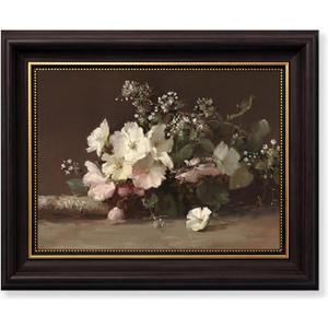 Vintage White Roses Wall Art, Moody Romantic Floral Still Life Wall Decor, 24"L x 16"W