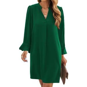 Wkior Long Sleeve Dress for Women V Neck Casual Cute Loose Flowy Swing Shift Dresse(Green, L)