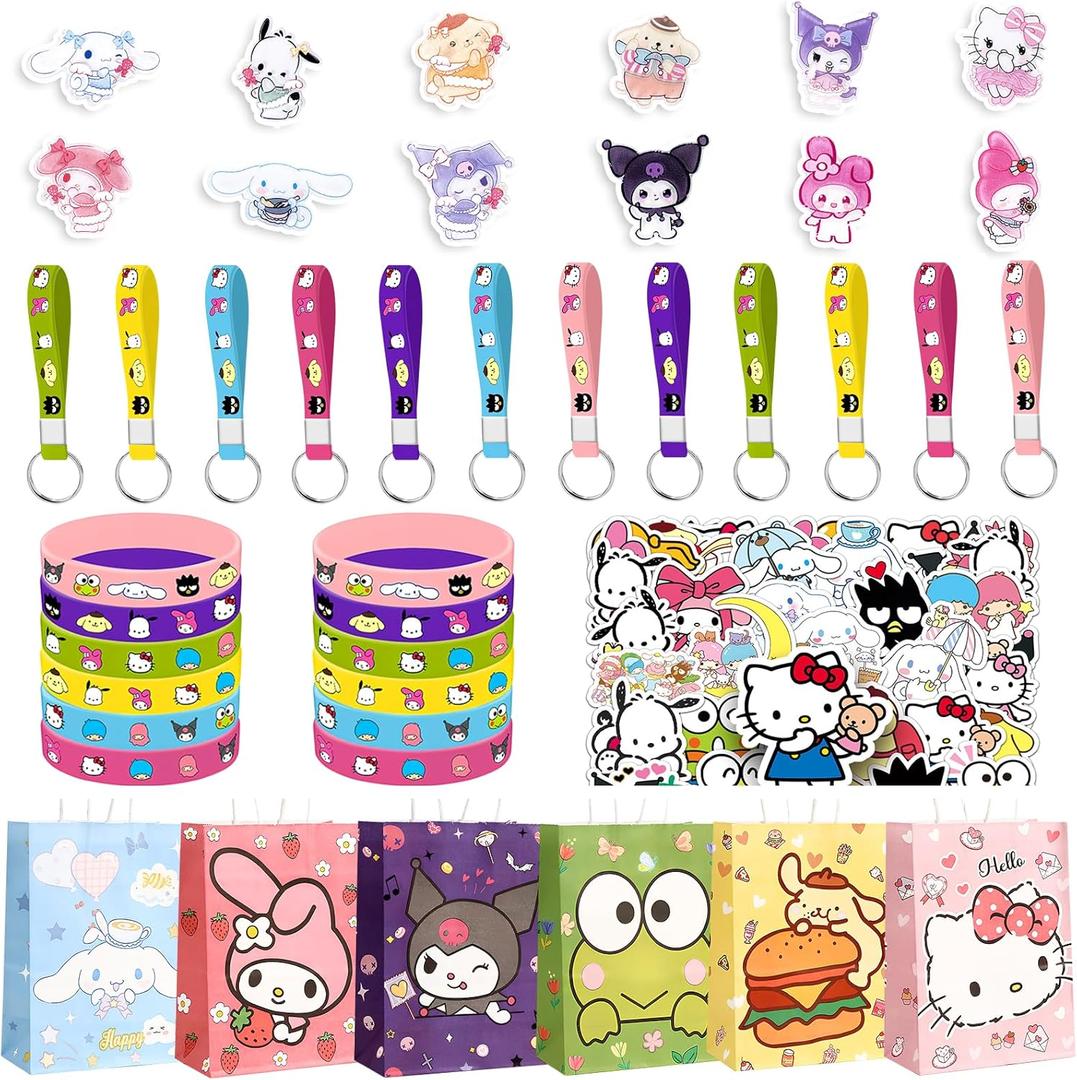 98pcs Theme Birthday Party Supplies Included12 Bracelets, Pins, Keychains, gift bags, 50 Stickers for Theme Party Gifts, Themed Party Favors Birthday Decorations, Goodie Bag Stuffers Supplies