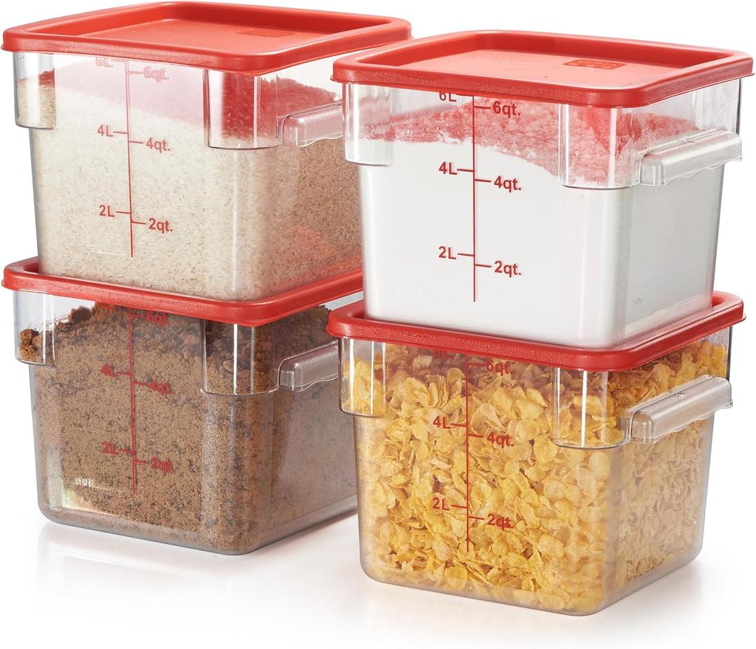 CURTA Pack of 4 Food Storage Container with Red Lid - NSF Commercial Grade in 6.0 Qt - Square, Clear, Polycarbonate