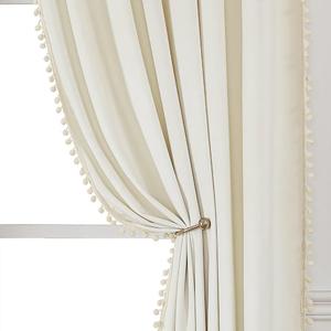 Pom Pom Velvet Curtains 84 Inches for Bedroom, Cream Velvet Curtains- Thermal Insulated Room Darkening Sun Blocking Rod Pocket Window Drapes for Living Room, 2 Panels, 52 x 84 Inches