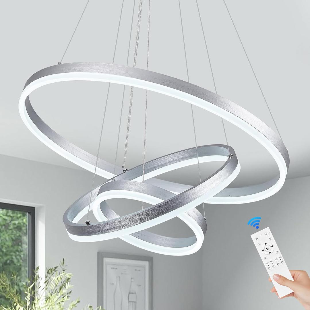 Benkut 3-Rings D23.6 Modern LED Chandelier Silver Dimmable Pendant Lighting with Remote Control Circular Flush Mount High Ceiling Light for Dining Room Living Room Bedroom Entrance Foyer, 3000K-6500K, 3 Ring Circular D23.6in
