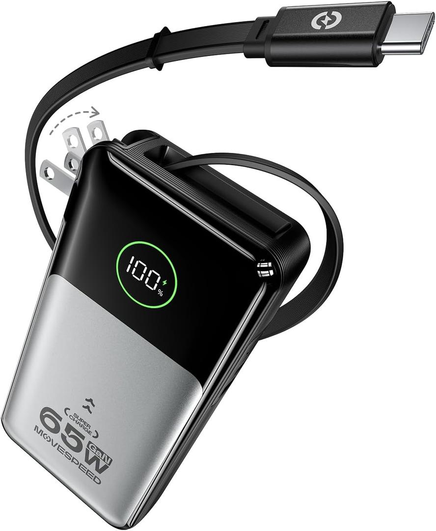MOVE SPEED Portable Charger Laptop Power Bank 20000mAh 65W, Travel Essentials Battery Pack with Built-in Retractable USB-C Cable & Wall Plug, for MacBook/iPhone 17/16/15/iPad/Galaxy/Dell/HP and More