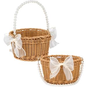 Flower Girl Basket Set of 2 - Small Wicker Rattan Baskets with Pearl Handle & Bow for Rustic Weddings, Easter Basket, or Garden Storage