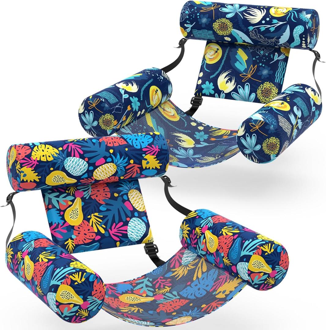 Pool Floats Adult, 2 Packs Fabric Inflatable Hammock Pool Lounge Chairs, Blow up Pool Floats for Adults, Hawaii Flower Pattern Floats for Pool Floating, Party Summer Water Beach Lake Fun