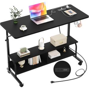Height Adjustable Standing Desk with Power Outlets, 47" Manual Stand Up Desk with Storage Shelves Small Mobile Rolling Computer Desk Portable Laptop Table with Wheels for Home Office, Black