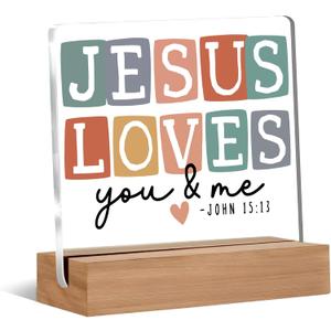 Christian Desk Decor, Jesus Loves You and Me Bible Verse Acrylic Plaque Sign for Home Office Prayer Room Desk Tabletop Decor, Christian Jesus Gifts for Women Men, 4x4 Inch