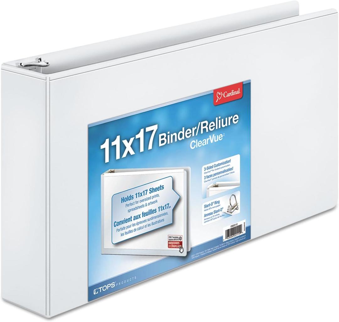 2 Cardinal ClearVue Slant-D Ring 3-Ring Binders, 3 Capacity, 11 x 17, White, EA - CRD22142