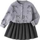 WDIRARA Girl's 2 Piece Cute Knit Fall Outfits Bow Cardigan and Pleated Knit Skirt Sets (S)