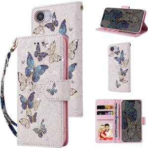 UEEBAI Wallet Case for iPhone 14 6.1 inch, PU Leather Phone Case Kickstand RFID Blocking Flip Case Card Slots Wrist Strap Relief Engraved Pattern Magnetic Closure Flower Folio Case, Blue Butterfly