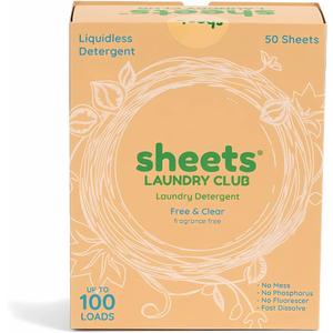 Sheets Laundry Club Laundry Detergent Sheets, 100 Loads - Fragrance Free Scent, Eco-Friendly, Quick-Dissolving Formula, Hypoallergenic, Septic Safe, Plastic-Free Packaging - 50 Sheets