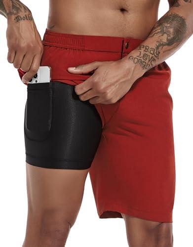 difficort Mens Swim Trunks with Compression Liner 9" Zipper Fly Bathing Suits Quick Dry Swimming Shorts with Zipper Pockets L
