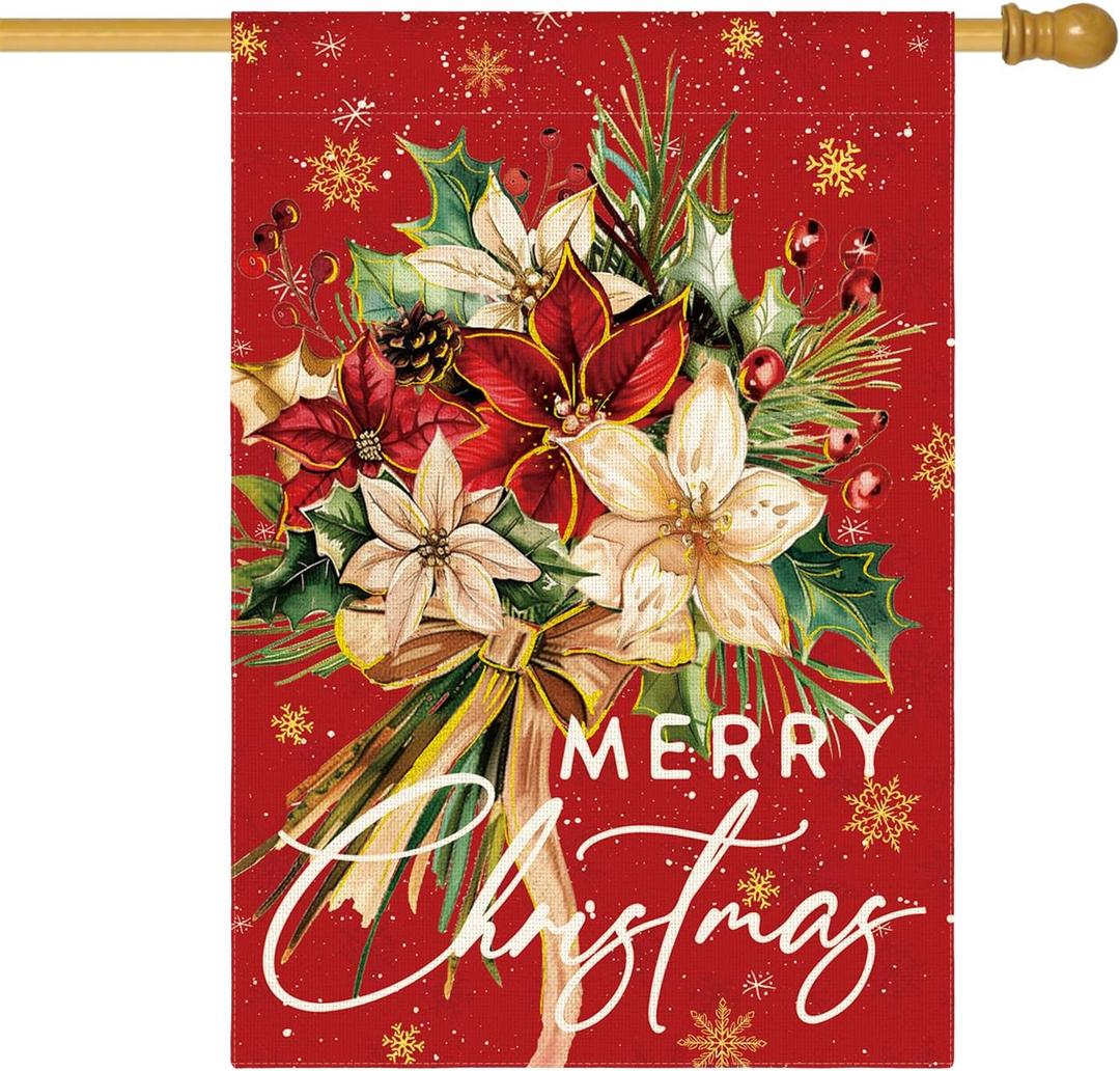 AVOIN colorlife Floral Merry Christmas House Flag 28x40 Inch Double Sided Outside, Christmas Flowers Winter Holiday Yard Outdoor Decorative Flag (Red)