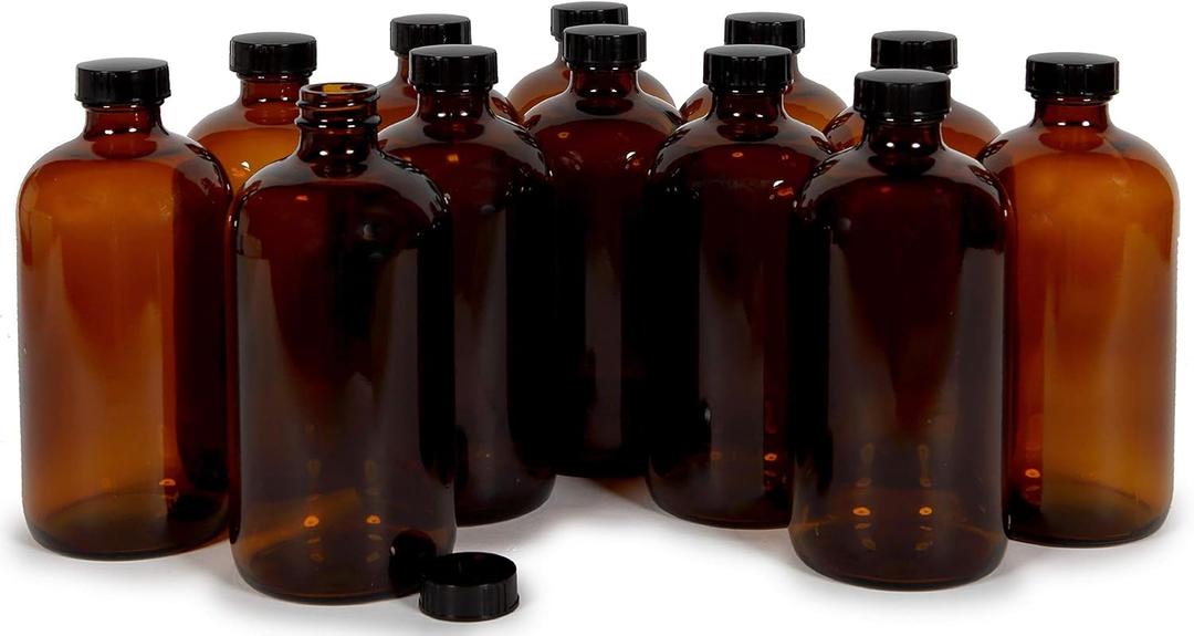 Vivaplex, 12, Amber, 16 oz Glass Bottles, with Lids