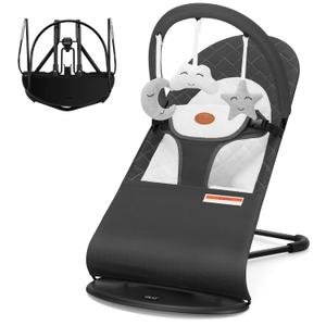 HKAI Baby Bouncer, Portable Baby Bouncer Seat for Babies 0-18 Months, 100% Cotton Fabrics, 3 Modes of use with Rocker and Stationary Options, Infant Rocker Chair with Hanging Toys-Dark Grey