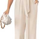 Cicy Bell Women's Elegant V Neck Jumpsuits Dressy Casual Short Sleeve Wide Leg Long Pants Rompers (Large, Beige)