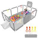 74"50" Large Playpen for Babies and Toddlers, Kids Playyard with Basketball Hoop & Football Nets, Comes with a Storage Carry Bag, Pull Up Rings, Sturdy Safety Play Pen w/Soft Breathable Mesh (Grey)
