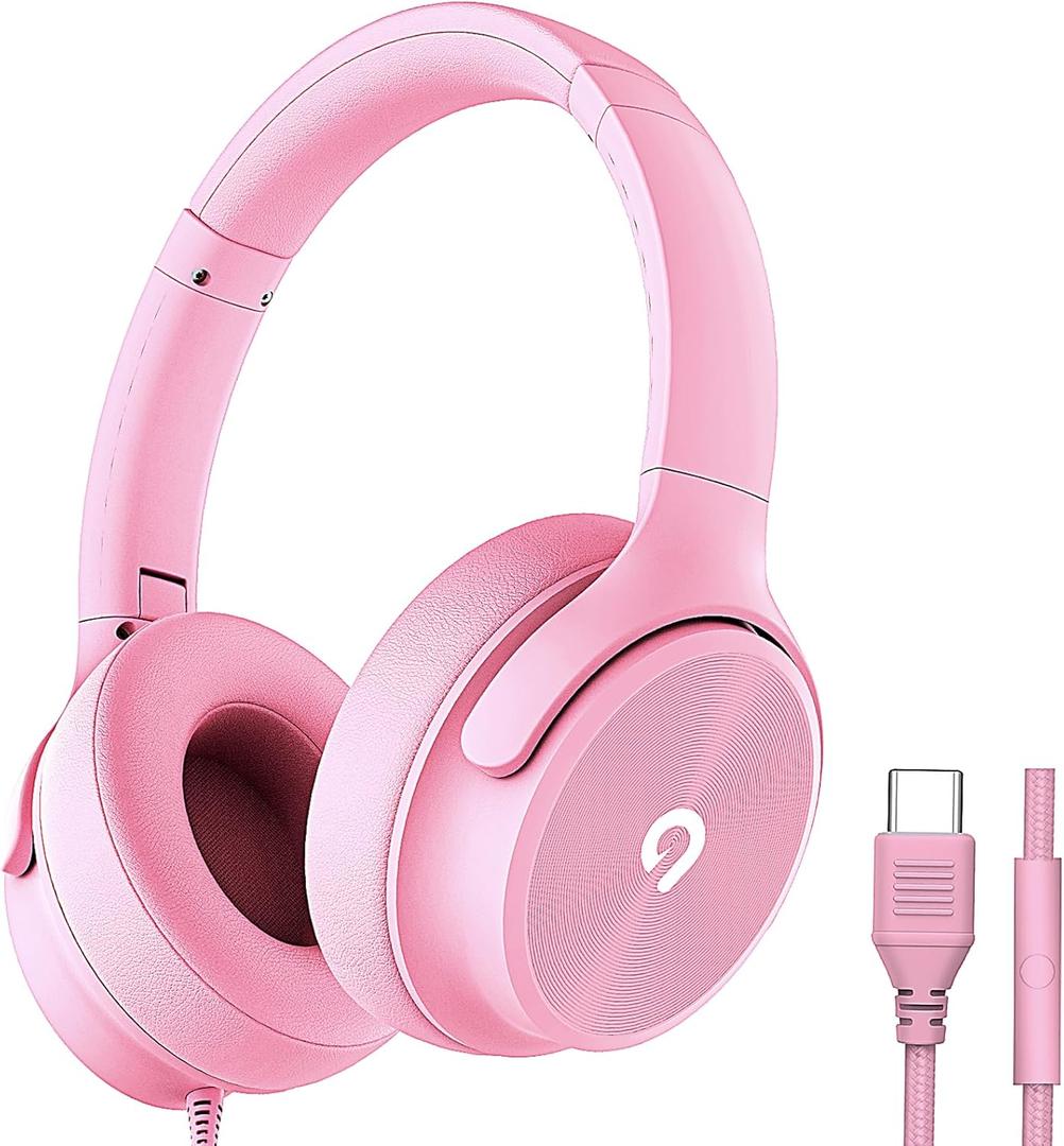 USB C Wired Over-Ear Headphones with Mic, Hi-Fi Stereo Sound, Noise-Isolating Ear Cups, Comfortable Fit for iPhone15/16, Samsung Galaxy S24/S23, Type-C Phones & Tablets (Pink)