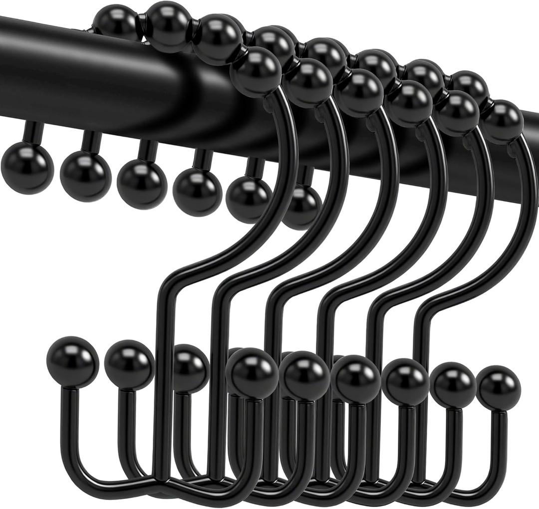Shower Curtain Hooks, 12 Pcs Rustproof Metal Shower Curtain Rings,Free Sliding Double Shower Hooks for Shower Curtain & Liners, Shower Curtain Hangers for Bathroom Shower Curtain Rods Curtains (Black)