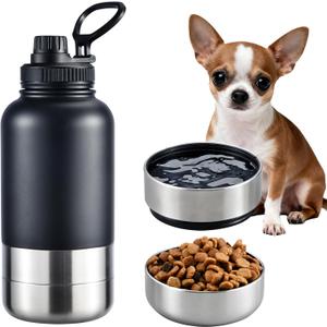 Insulated Dog Water Bottle with 2 Bowls, 32oz Travel Stainless Steel Double Wall Thermos, Portable Pet Dispenser, Gifts for Puppy Small Medium Dogs Walking Hiking and Camping (Matte Black)