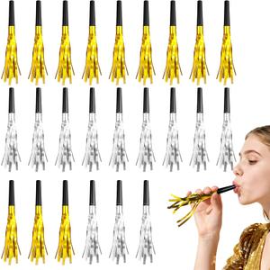 24-Pack Gold and Silver Noise Makers | Elegant Glitter & Metallic Fringed Party Blowers for Adult Events  Birthday, Graduation, Sports & New Years Favors