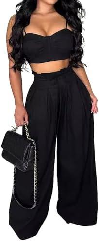 Molisry Women's 2 Piece Outfits Casual Spaghetti Strap Bra Top High Waisted Long Straight Wide Leg Pants Lounge Sets Fall M