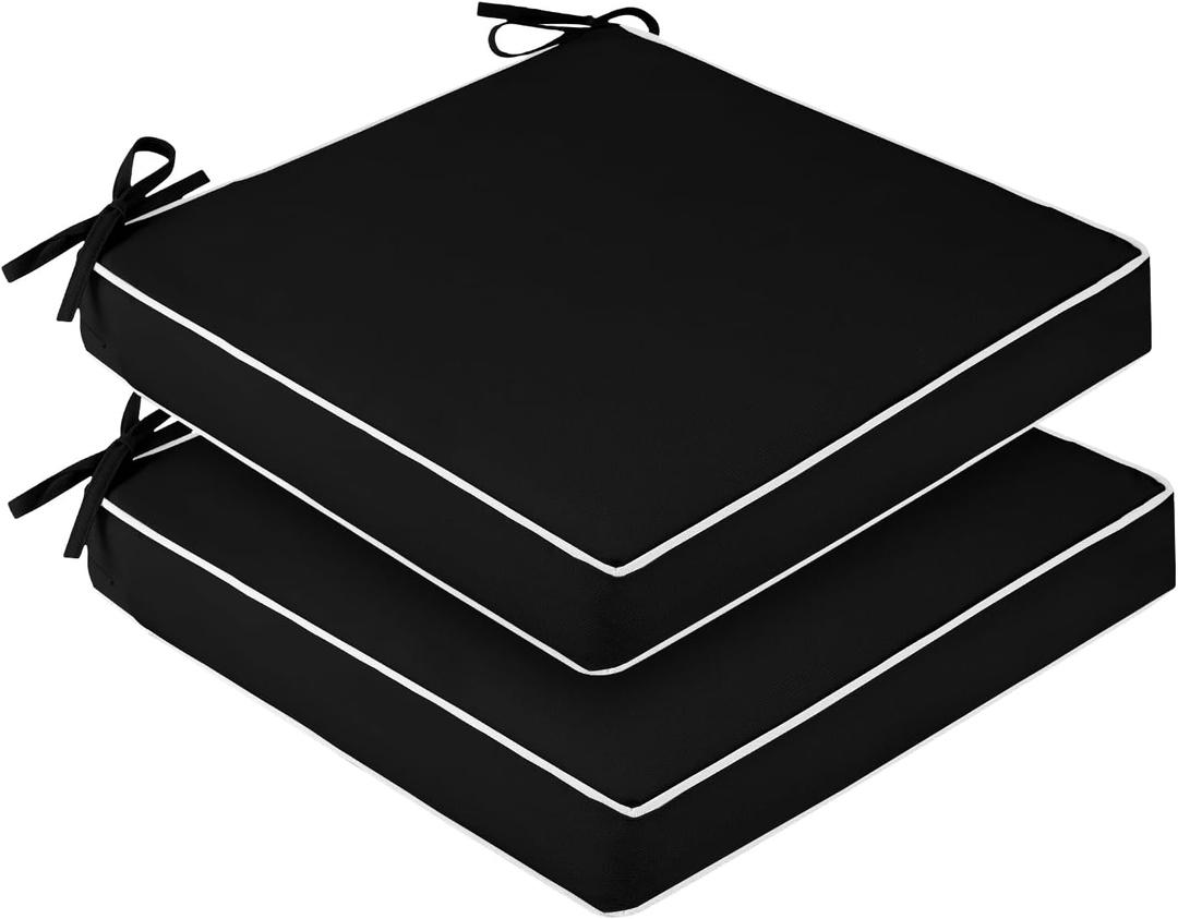 downluxe Waterproof Outdoor Chair Cushions Set of 2, 19" x 19" x 3" Patio Chair Cushion with Non-Slip Ties & Handle, Square Outdoor Cushion for Patio Furniture with Removable Cover, Black/White