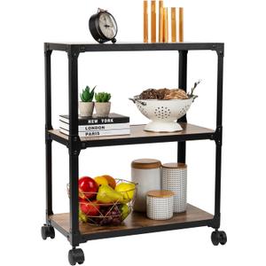 Mind Reader 3 Tier Multipurpose Rolling Cart, Home Storage, Bar Cart, Microwave Stand, Utility Organizer, Metal, MDF, Brown, 23"L x 12"W x 29.5"H