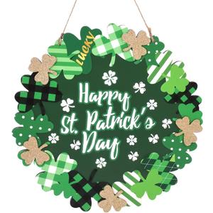 St Patricks Day Decorations, Green Shamrock Hanging Welcome Sign St Patricks Day Door Decor for The Home, Glitter Pediment Plaque Lucky Festive St Patricks Day Wreaths for Front Door Front Porch Wall
