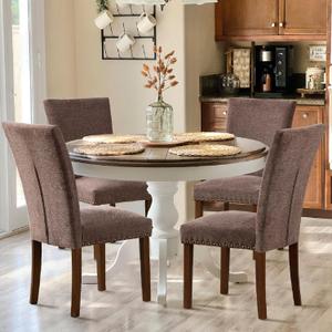COLAMY Upholstered Parsons Dining Chairs Set of 4, Fabric Dining Room Kitchen Side Chair with Nailhead Trim and Wood Legs - Brown COLAMY Upholstered Parsons Dining Chairs Set of 4, Fabric Dining Room Kitchen Side Chair with Nailhead Trim and Wood Legs - Brown