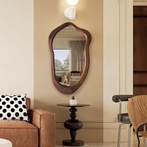Irregular Wall Mirror 40"x24", Walnut Asymmetrical Mirror, Wood Bathroom Mirrors Wall Mounted, Wall Mirrors Decorative for Living Room, Bedroom, Bathroom, Hallway, Entryway