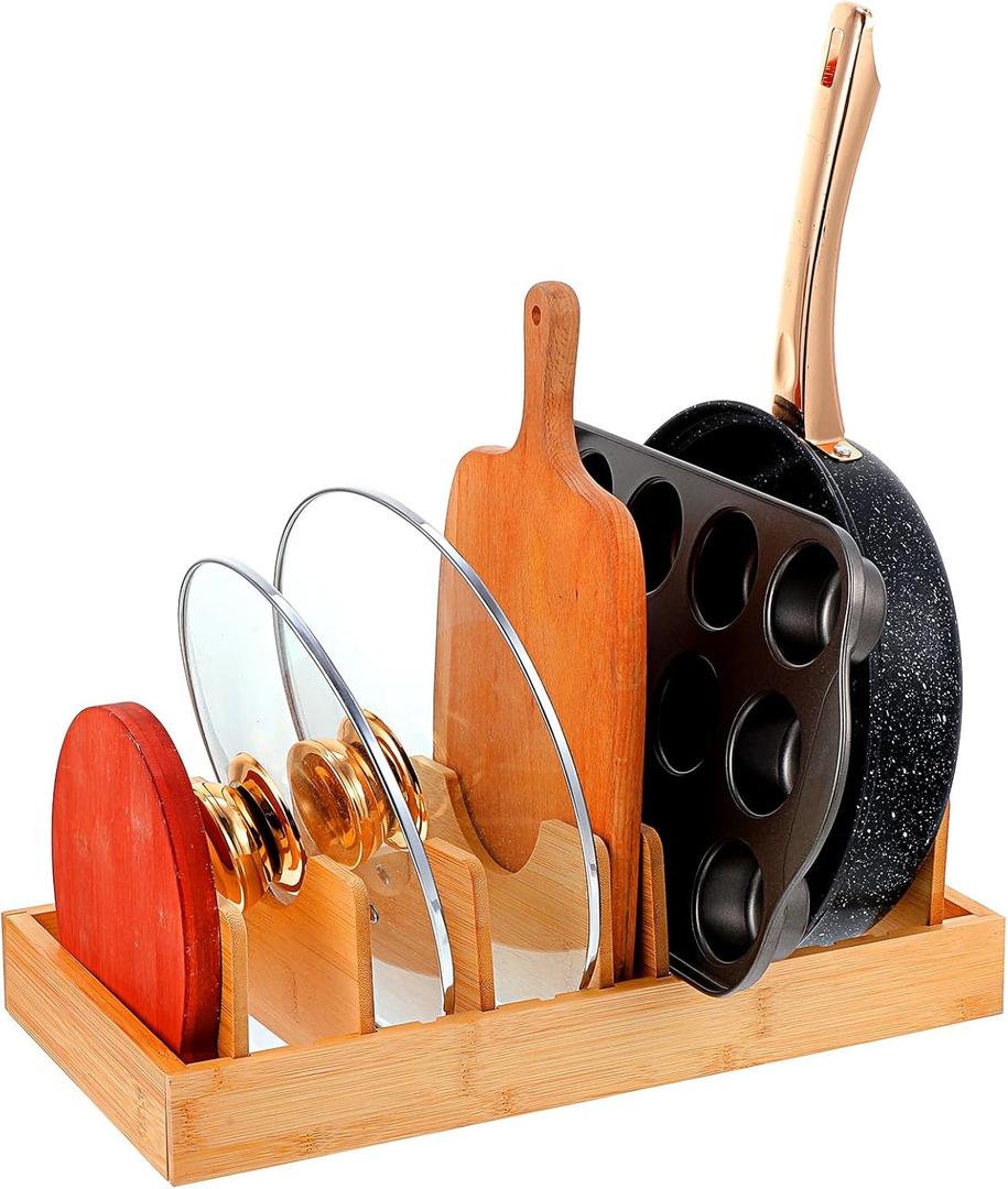 Oqqlin Wooden Pot and Pan Organizer, Pot Lid Holder with 7 Adjustable Dividers Pan Organizers Inside Cabinet Pans Organizer Under Cabinet for Pots, Pans, Baking Sheets, Cutting Boards, Dinner Plates