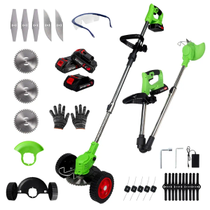 Cordless Weed Wacker Battery Powered Electric 21V 2.0Ah*3pcs 5 Types Blade&Wheels Grass Trimmer/Lawn Edger/Mower/Brush Cutter, Weeder Tool for Lawn Garden Pruning/Trimming (Foldable)