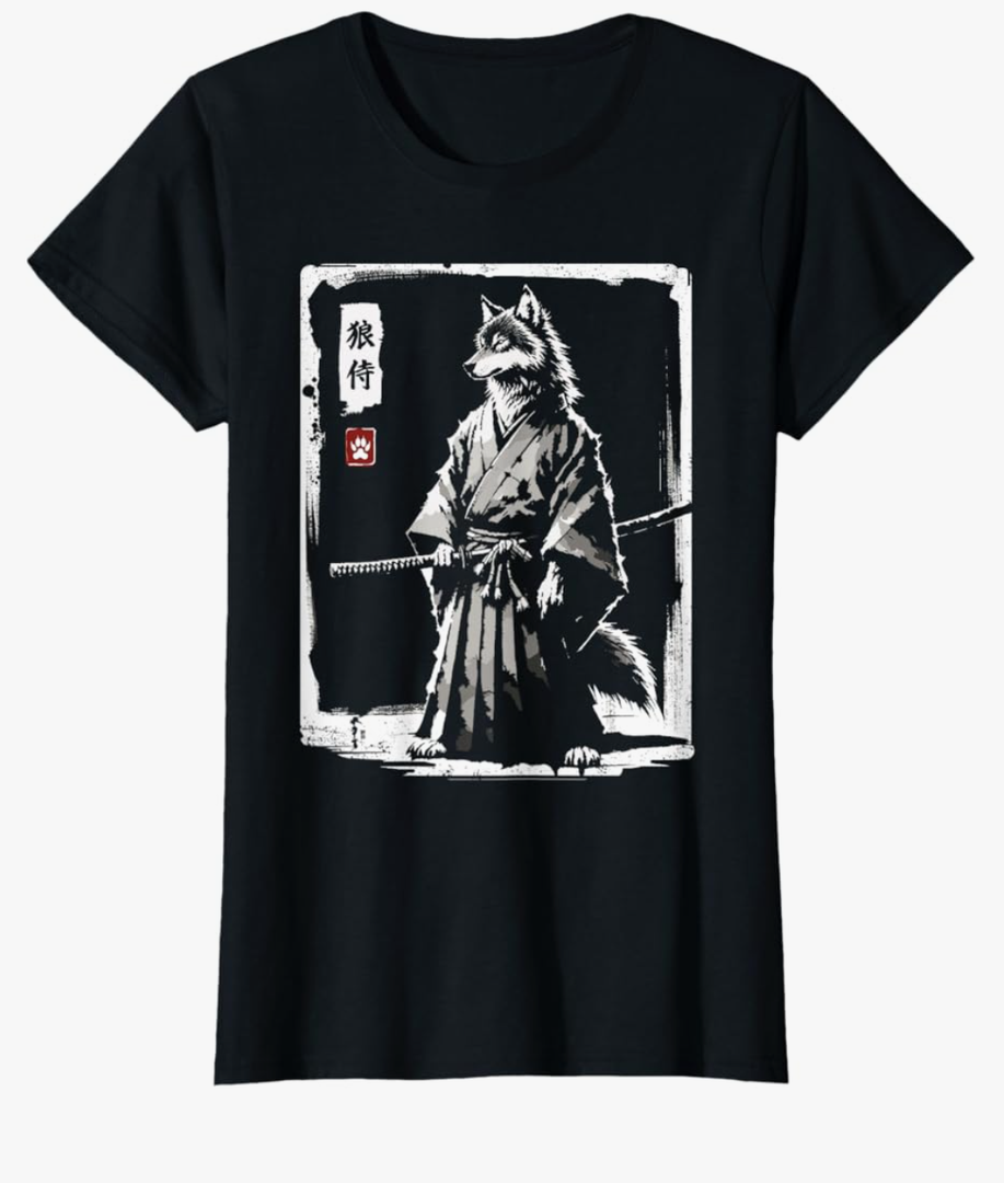 Retro Samurai Wolf Japanese Art Sumi-e Novelty Wolf T-Shirt Medium