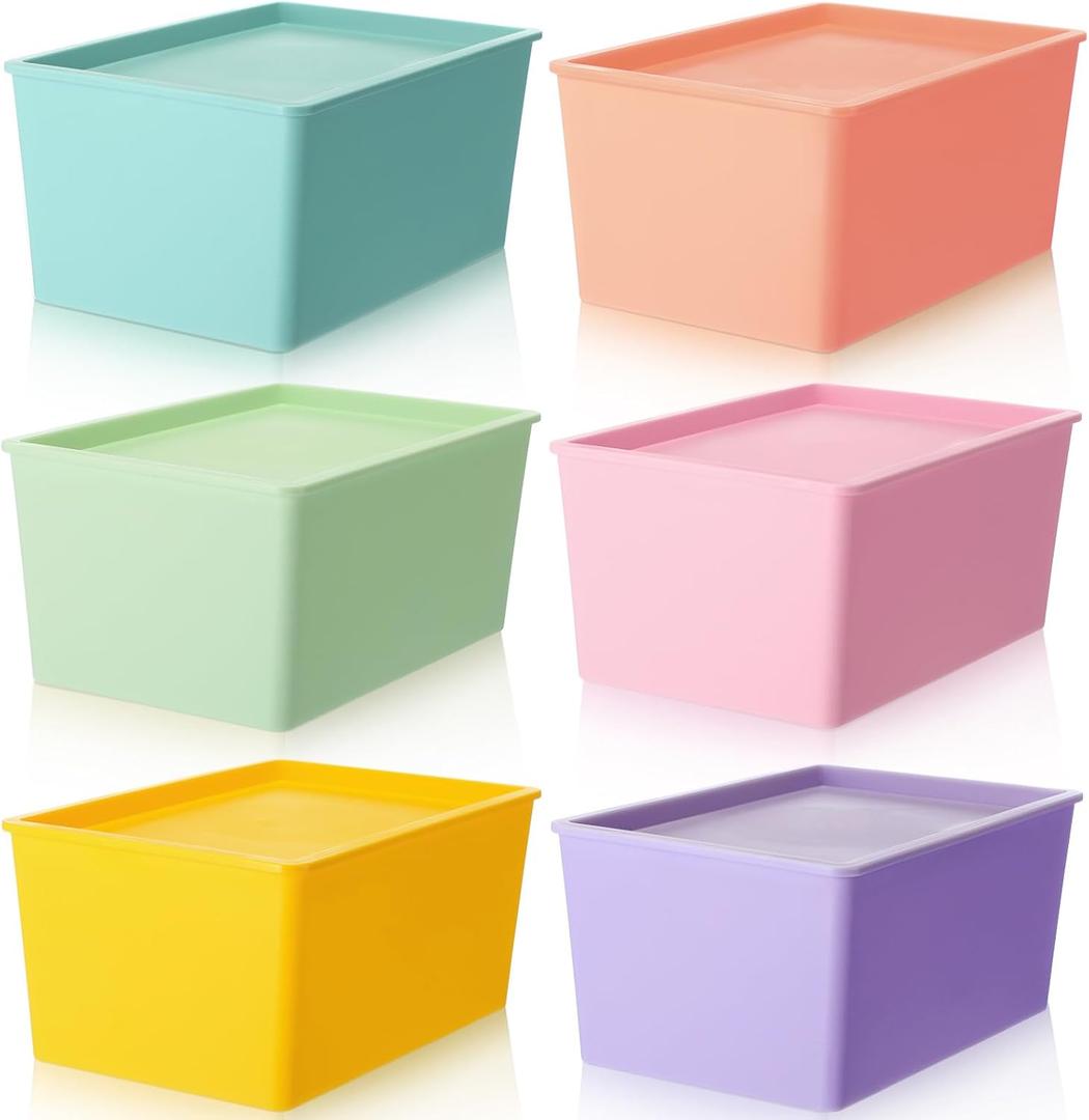 Menkxi 6 Pcs Large Plastic Storage Bins with Lids 14.4 x 10.4 x 5.1 inch Stackable Storage Containers Durable Box Baskets for Organizing Shelves Playroom Classroom Office(Mixed)