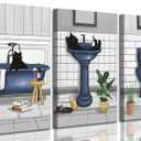 3 Pieces Funny Blue Bathroom Cat Canvas Wall Art Cute Black Cat On Bathtub And Toilet Painting Picture Wall Decoration Poster Print Artwork for Restroom Washroom Home Decoration Unframed