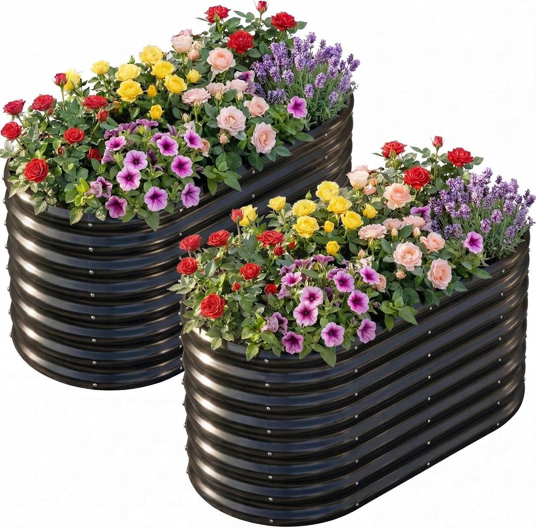 AHEONLAR 2 Pack 4x2x2ft Galvanized Raised Garden Bed Outdoor, Oval Sturdy and Durable Planter Boxes for Vegetables, Fruits, Flowers and Plants, Easy Assembly, Black, 4x2x2ft