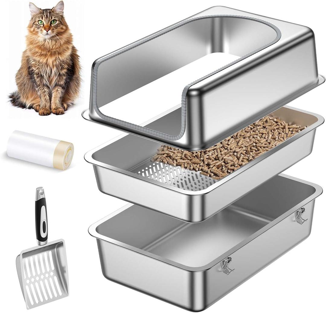 XXL All Stainless Steel Sifting Litter Box for Pine Pellets,Sifting Cat Litter Box with Lid,16''High Sides Metal Sifter Litter Pan System for Big Cats,Odor Control,Easy to Clean