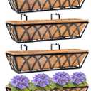 HFHOME 24 inch Window Deck Rail Planter with Coco Liner, 24" Dia Window Box Trough with Coconut Coir Liners, Black Metal Hanging Flower Planter Basket for Indoor Outdoor Lawn - Set of 4